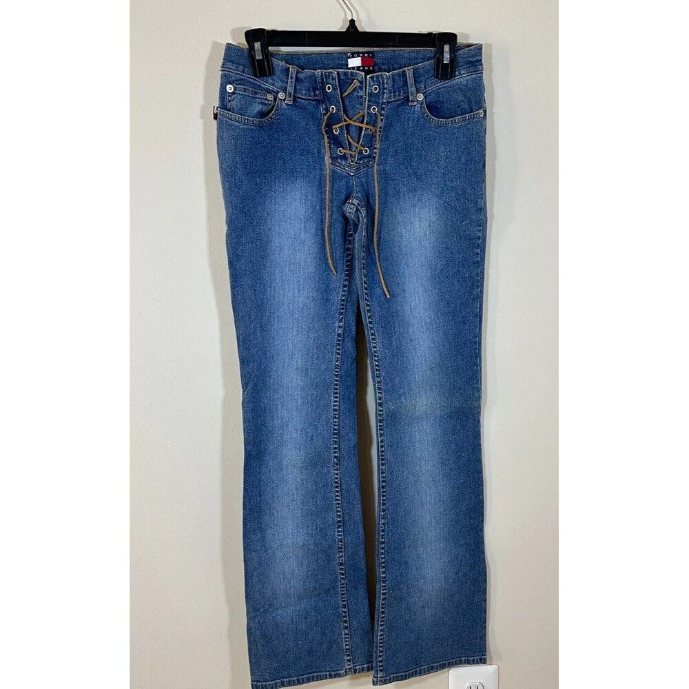 Vintage Tommy Hilfiger Womens Youth Bootcut Jeans Sz 9 W/ Tie Closure Y2K 28”